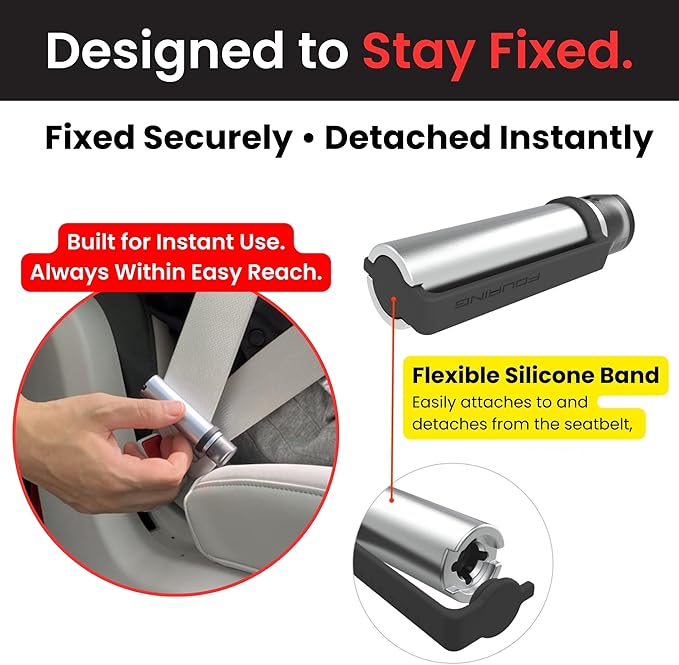 Car Emergency Escape Tool – Seatbelt-Mounted 2-in-1 Window Breaker & Seat Belt Cutter – Tungsten Safety Hammer – Universal Fi