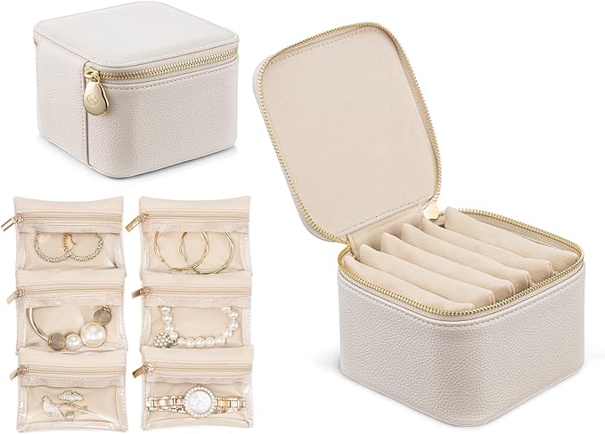 VLANDO Travel Jewelry Box Organizer – Portable PU Leather Jewelry Case with 6/8/12 Zippered Pouches, Compact Storage for Earr