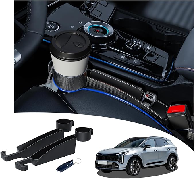 Seat Gap Filler Compatible with Kia Sportage.Deeper Than Standard Retail Models(7.5cm)|Added Cup Holder (2 Fixed Points) + Hooks + Charging Cable Port |2pcs Black| Free Window Break Hammer 1pcs|