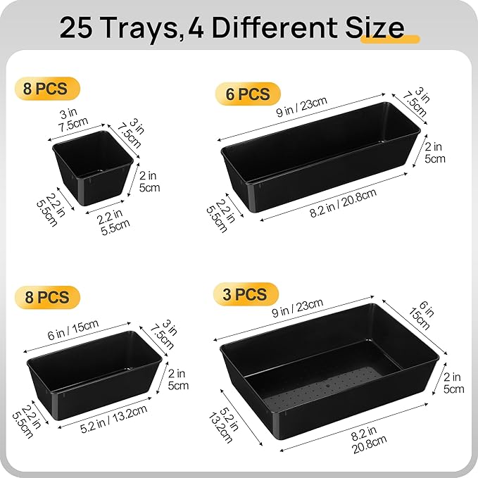 Vtopmart 25 PCS Office Desk Drawer Organizers Set, 4-Size Versatile Plastic Drawer Organizer Trays, Storage Bins for Desk Acc