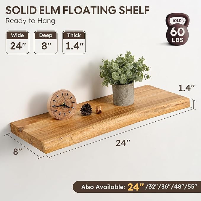 Floating Shelves Set of 2, Solid Elm Wood Wall Shelves 24 Inch - Invisible Bracket Mount for Living Room, Bedroom, Kitchen, B