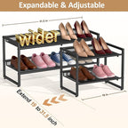 Expandable Shoe Rack, 2 Tier Adjustable Shoe Organizer with Flat & Slant Dual Use Design, Space Saving Shoes Stand for Closet
