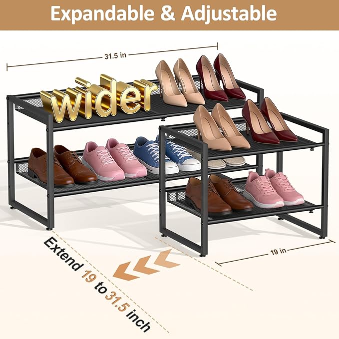 Expandable Shoe Rack, 2 Tier Adjustable Shoe Organizer with Flat & Slant Dual Use Design, Space Saving Shoes Stand for Closet