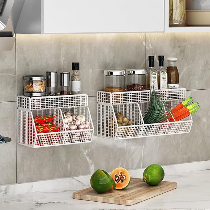 Multifunctional Metal Wire Hanging Basket Wall Organizers Accessory For Kitchen And Living Room With 3 Storage Grids