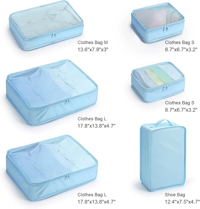 Mossio 6 Set Packing Cubes with Shoe Bag - Lightweight Travel Luggage Suitcase Organizers