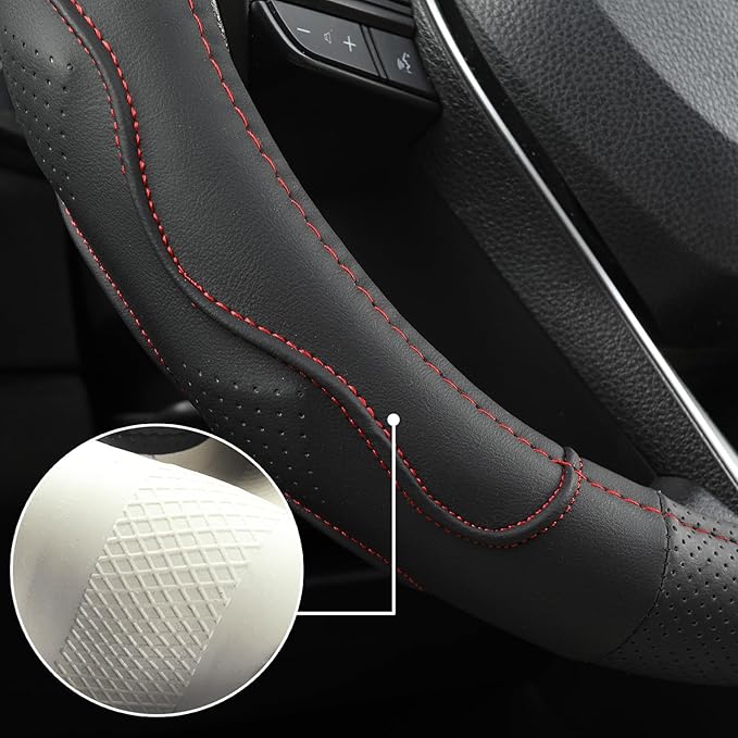 West Llama Customized Auto Car Steering Wheel Cover with 3D Texture for Dodge RAM 1500 2500 3500, 15.5-16 inch (Black+Red Lin