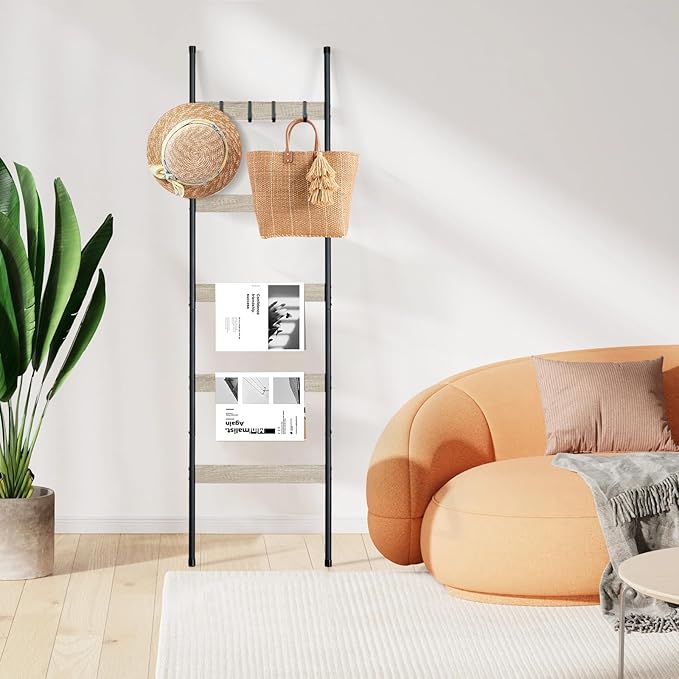 ELYKEN Blanket Ladder for Living Room, Farmhouse 5-Tier Quilt Holder with 4 Removable Hooks for Bathroom, Wood Towel Rack Dis