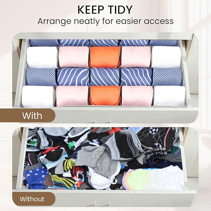 2 Pack Large Grid Sock Organizer Divider, 20 Cell with Lid, Fabric Foldable, Tie Organizer for Men for Storing Socks, Tie, Ha