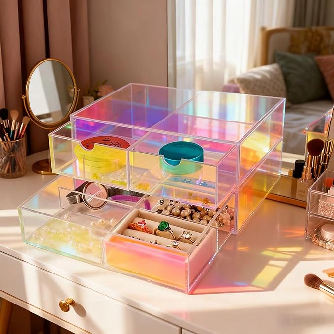 AZY Rainbow Acrylic Earring Organizer 2-Tier 3-Drawer with 6 Compartments, Multi-Purpose Vanity Countertop Organizer, Velvet 