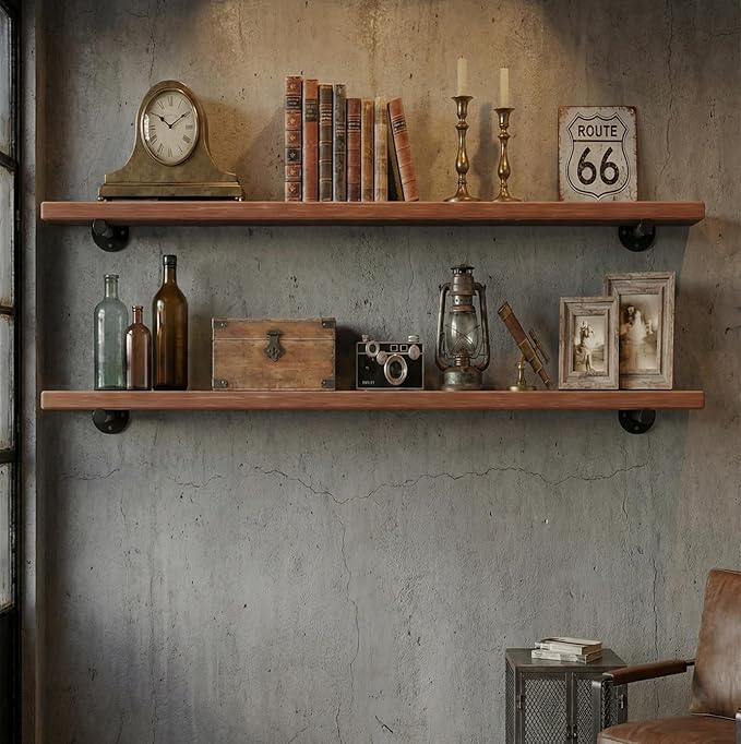 IEO 36 Inch Industrial Pipe Shelving Shelves,Solid Pine Long Floating Shelves for Wall, Wood Wall Shelf 9.84 Inch Extra Depth