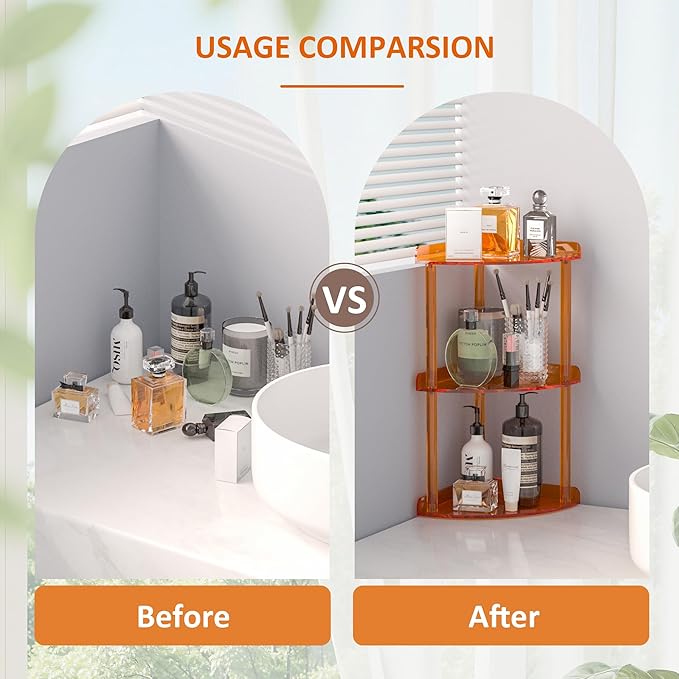 Sezanrpt 3 Tier Countertop Corner Organizer Shelf 7x7x15.7 Inch, Orange Countertop Acrylic Bathroom Corner Shelf, Vanity Stor