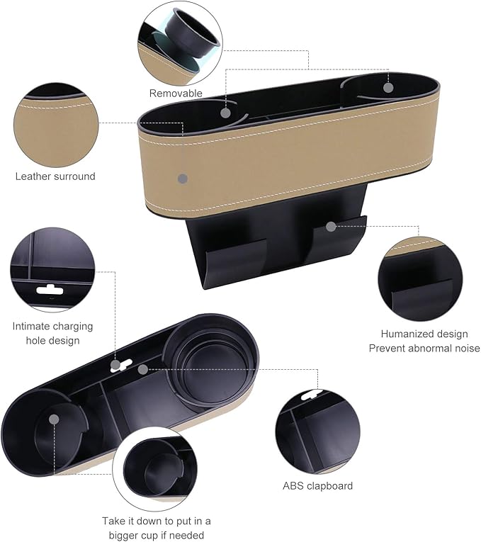 Car Seat Organizer Cup Drink Holders,Multifunctional Gap Filler Storage Box,Insert Organization Helps Reduce Distracted Driving&Holds Phone Mount Mug Bottle Cellphones Coasters Wallet Cards (Beige)