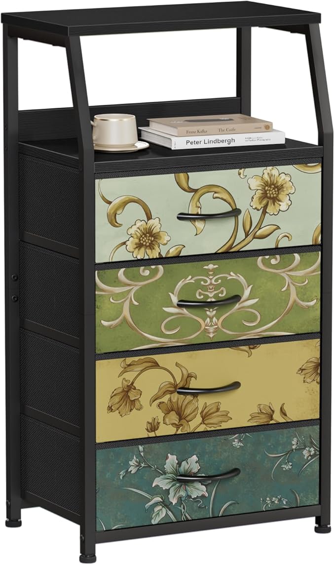 Furnulem Retro Dresser for Bedroom, Small Dresser for Closet, Vintage Nightstand with 4 Drawers, Fabric Storage Organizer Bed