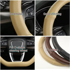 Cxtiy D Shaped Steering Wheel Cover, Genuine Leather Flat Bottom Stearing Wheel Cover Luxury Car Accessories 14 1/2-15 inch (Beige)