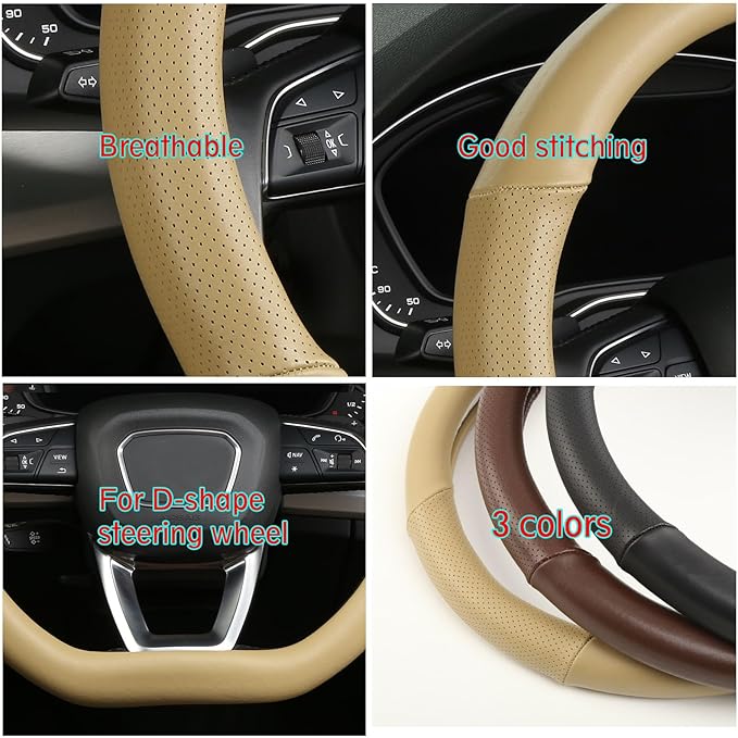 Cxtiy D Shaped Steering Wheel Cover, Genuine Leather Flat Bottom Stearing Wheel Cover Luxury Car Accessories 14 1/2-15 inch (Beige)
