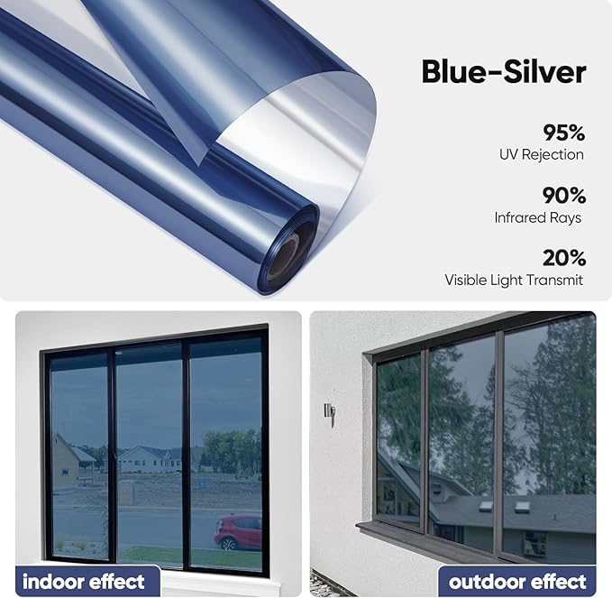 SUNBABY Window Tint for Home, One Way Privacy Film Heat & UV Blocking, Static Cling No Glue Renter Friendly Cover for Home Bedroom, Office & Sliding Glass Door, 23.6 x 78.7 Inch with 3 Tools, Blue