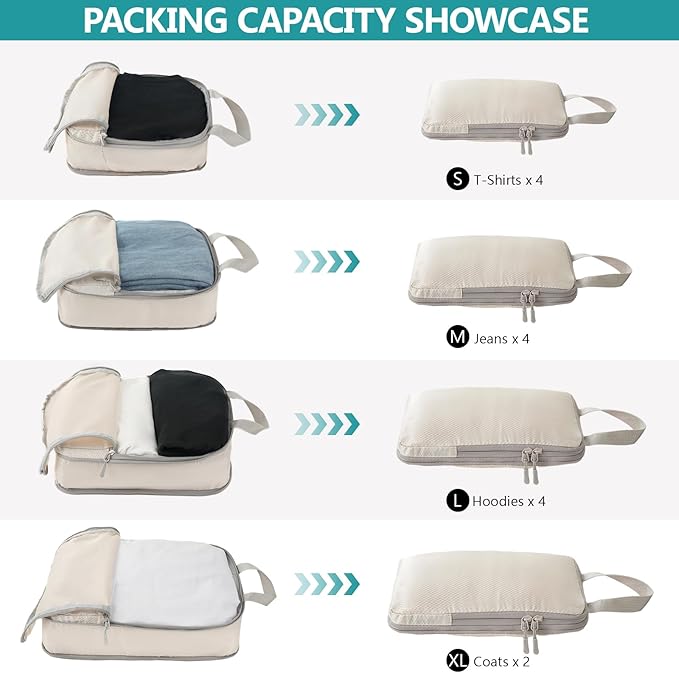 Compression Packing Cubes for Travel, 4 Set Expandable Packing Organizers, Lightweight Luggage Organizer Bags, Travel Essenti