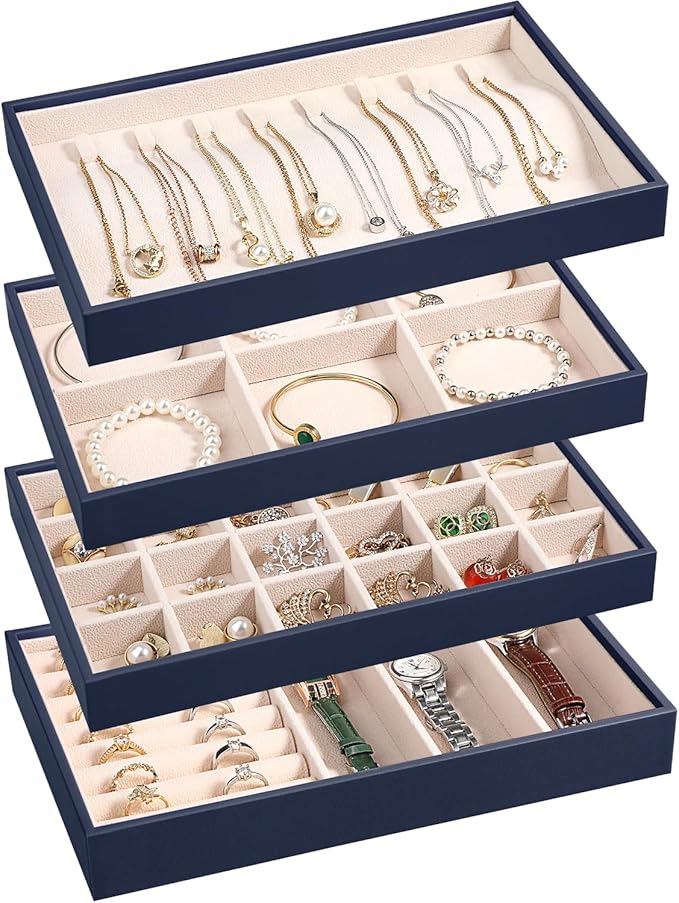 LANDICI Stackable Jewelry Organizer Trays 4 Set,PU Leather Jewelry Organizer Drawer,Jewelry Storage Display Tray for Earring 
