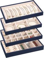 LANDICI Stackable Jewelry Organizer Trays 4 Set,PU Leather Jewelry Organizer Drawer,Jewelry Storage Display Tray for Earring 