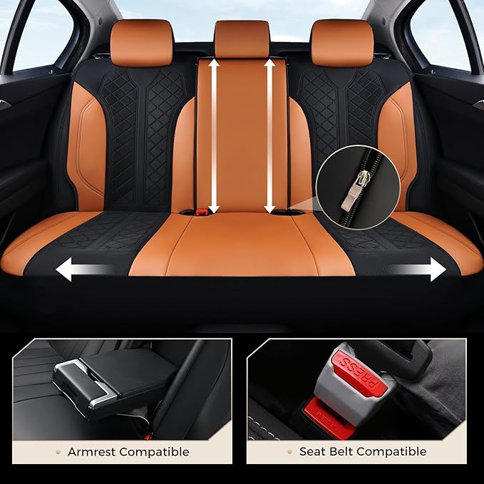 Coverado Seat Covers Full Set, Brown Car Seat Covers, PU Leather & Breathable Mesh Seat Protectors, 5-Piece Automotive Seat C