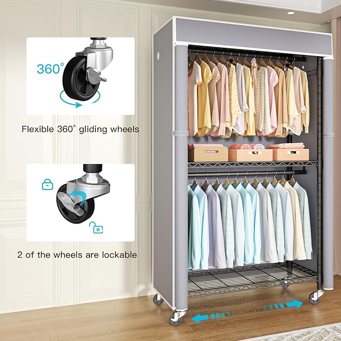 FUTASSI Black Clothing Rack with Grey Cover, P1C Rolling Closets with Wheels, Metal Garment Rack for Hanging Clothes, Clothin