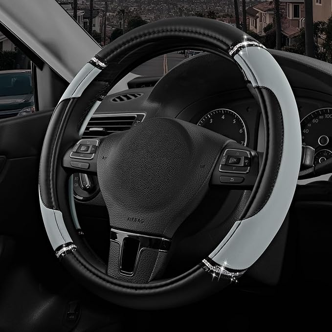 Road Comforts Leather Steering Wheel Cover - Made with PVC Leather - Anti-Slip, Universal Fit 14 1/2 inches to 15 inches - Gr