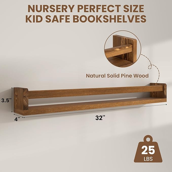 Fun Memories Nursery Book Shelves Set of 4, 32 Inch Solid Wood Wall Book Shelves, Kids Room Floating Shelves Organizer & Toy 
