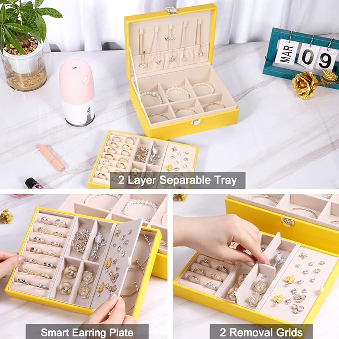 Voova Jewelry Box Organizer for Women Girls, 2 Layer Large Men Jewelry Storage Case, PU Leather Display Jewellery Holder with