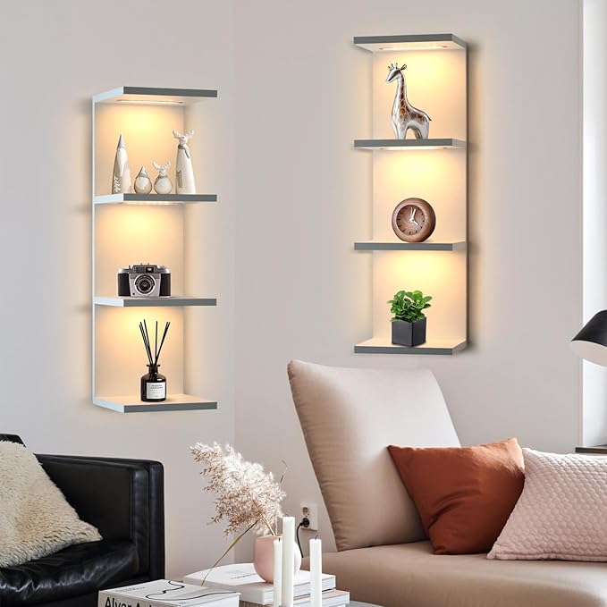 4 Tier LED Wall Shelf - Modern Floating Shelves for Makeup Vanity, Bedroom, Living Room | Easy Install Cosmetic & Display Lac