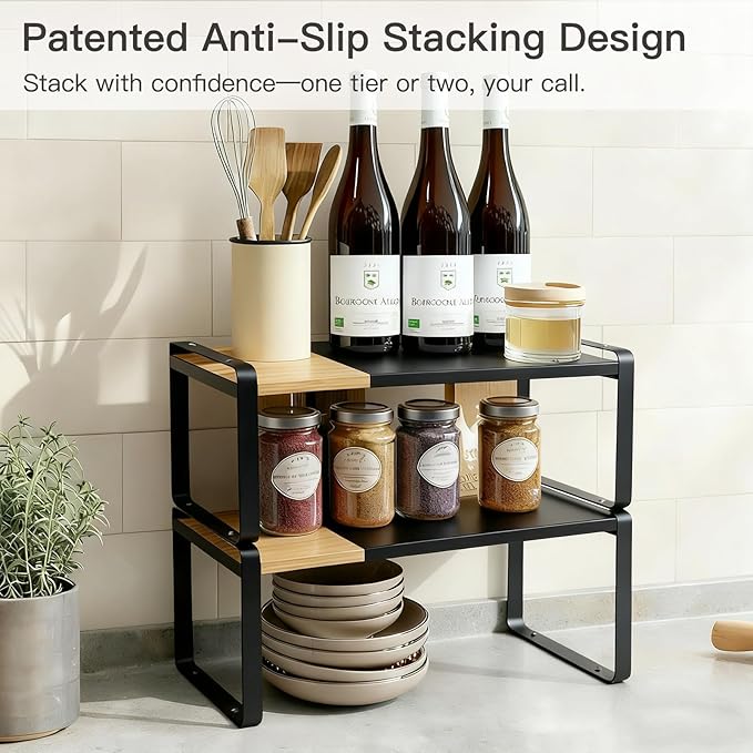 Expandable Kitchen Counter Shelf Organizer, Black Coffee Bar Accessories & Station Decor, Industrial Cabinet Riser with [Secu