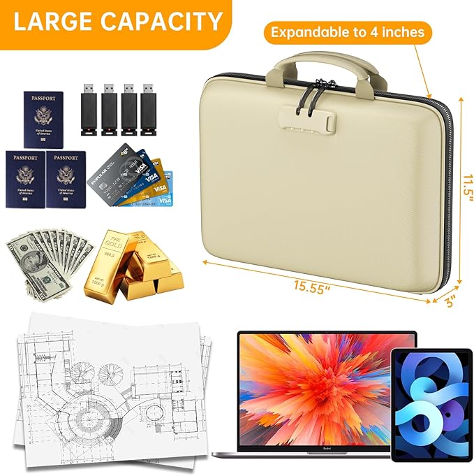 DocSafe Fireproof File Organizer with Lock, Hard-Shell Case Fireproof Document Box with 13 Pocket Accordion File Folder, Port