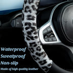 White Leopard Steering Wheel Cover Auto Leather Steering Wheel Protector, Anti-Slip, Breathable, Absorbing Sweat, Universal Leopard Car Accessories 14.5–15 inch,Fit for Most Car, Trucks, SUV