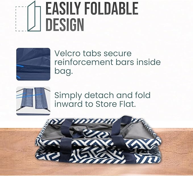 Extra Large Utility Tote Bag - Oversized Collapsible Tote with Wire Frame, Durable Reusable for Beach, Groceries, Laundry, Car Trunk, Storage and Travel - Includes 5x7 Bag with Hook - Geo Navy