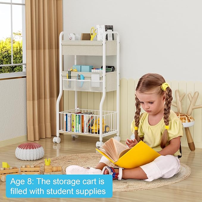 3-tier Baby Diaper Caddy Organizer and Storage Cart with 4+3 Dividers, Metal Utility Cart with Lockable Wheels for Nursery, B