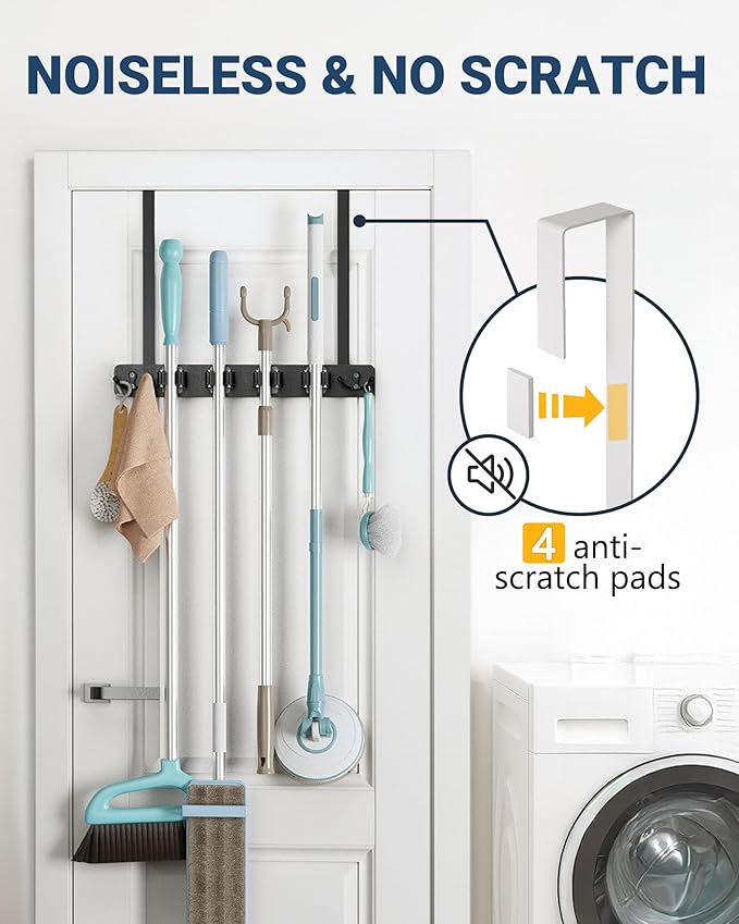 Lorbro Broom Holder Door Mount, Over the Door Broom and Mop Holder with 2 Over Door Hooks, Wood Broom Hanger, Tool Rack Organ
