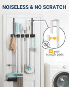 Lorbro Broom Holder Door Mount, Over the Door Broom and Mop Holder with 2 Over Door Hooks, Wood Broom Hanger, Tool Rack Organ