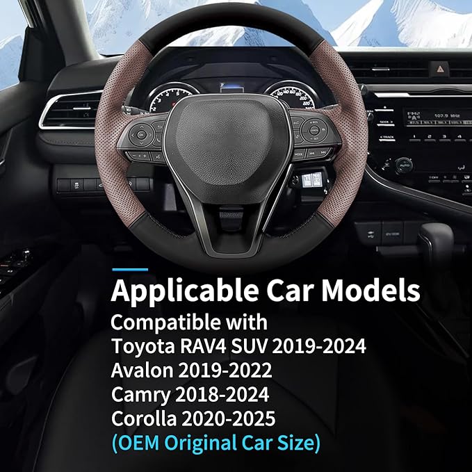Genuine Leather Hand Sewn Steering Wheel Cover for Toyota RAV4 SUV 2019-2024 /Avalon 2019-2022 /Camry 2018-2024 /Corolla 2020-2025 Accessories, DIY Sew On Full-Wrap Steering Wheel Cover(Brown)
