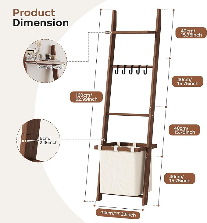 63" Bamboo Blanket Ladder with Shelf, Fabric Storage Basket and 5 Hooks, 4 Tier Leaning Blanket Rack, Farmhouse Towel Ladder 