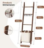 63" Bamboo Blanket Ladder with Shelf, Fabric Storage Basket and 5 Hooks, 4 Tier Leaning Blanket Rack, Farmhouse Towel Ladder 