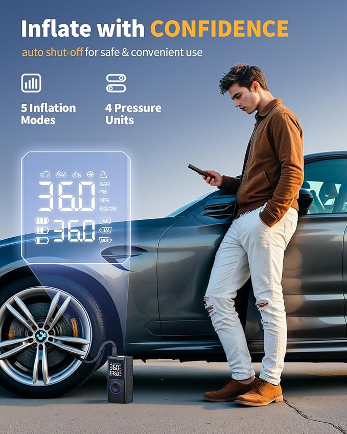 Tire Inflator Portable Air Compressor, 150 PSI Cordless Bike Pump, Air Pump for Auto, Motorcycle, Bicycle, Balls with Pressure Gauge, LED Light & Car Accessories, Blue, Standard Capacity