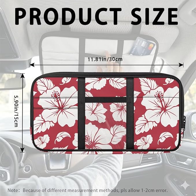 Hibiscus Flower Car Sun Visor Organizer Keep Tidy Car Visor Organizer with Big Zipper Pocket Card Holder Universal Fit for Most Cars SUV