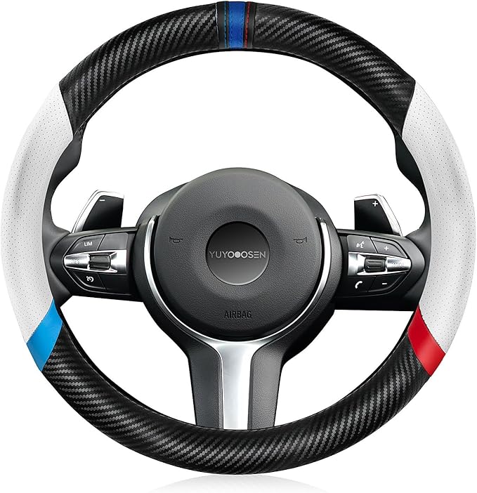 Carbon Fiber Steering Wheel Cover, Non-Slip and Sweat Absorbent, 15" Steering Wheel Covers for X5 X3 Men Women, Black (White&Black Sport Edition)