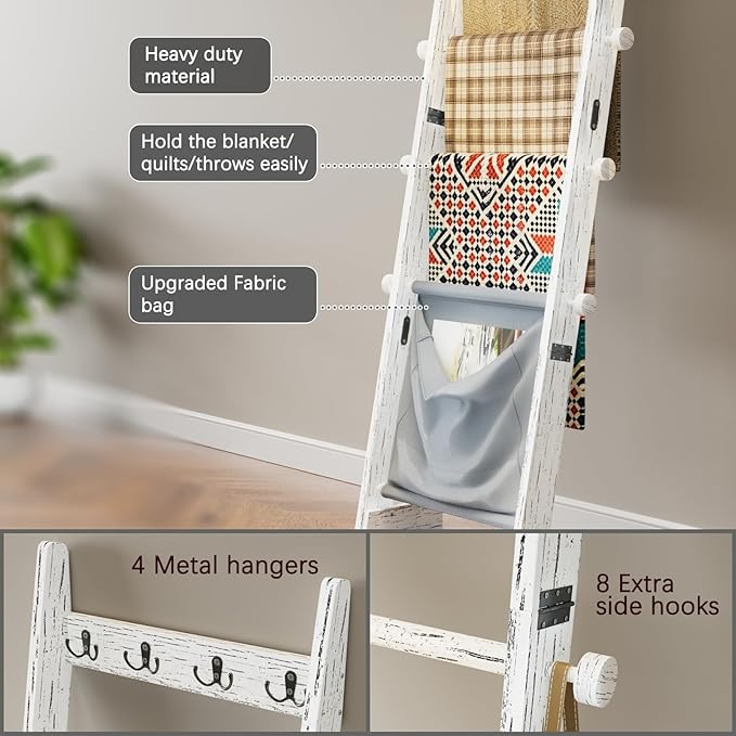 REFGY 5-Tier Blanket Ladder Shelf, 5.3FT (63'') Wall Leaning Blanket Ladders for Living Room Bedroom, Decorative Quilt Rack w