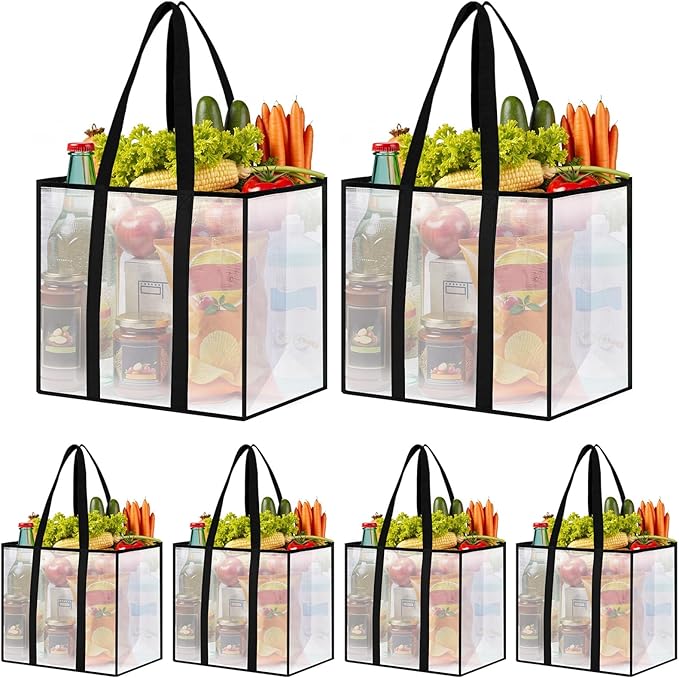 6 Pack Reusable Grocery Bags, Heavy-Duty Shopping Bags with Sturdy Handles, Water-Resistant & Foldable Organizer, Shopping Bags for Groceries, Market, Car Trunk, Multi-Purpose, 42L