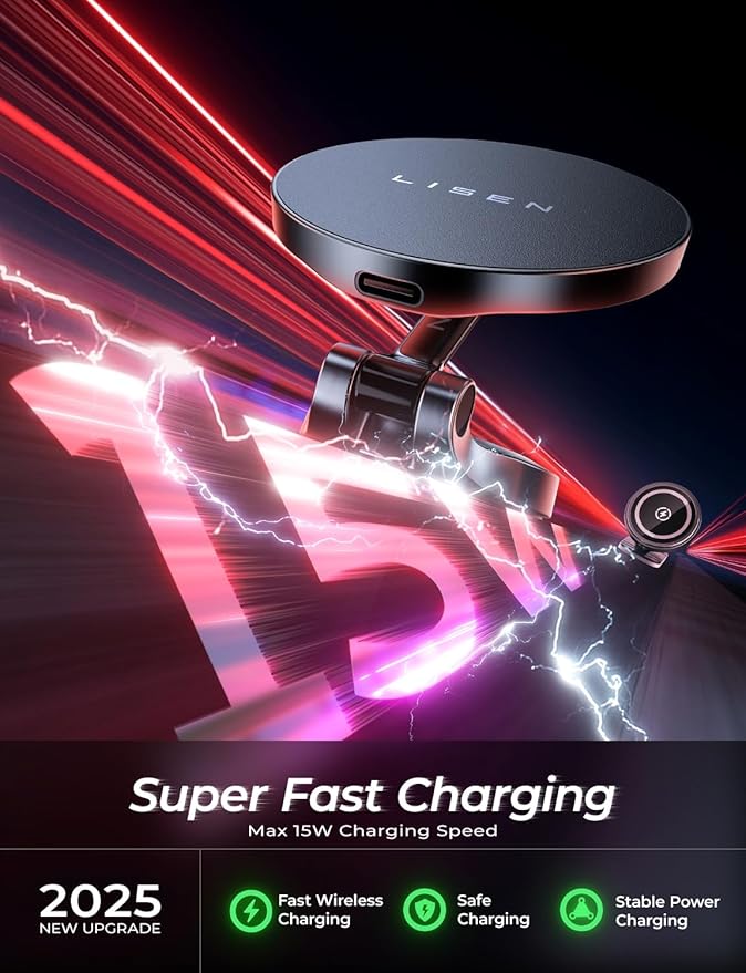 LISEN Magsafe Car Mount Charger, 15W Fast Charging Magnetic Wireless Car Charger [Mini & Fast Charging], 2025 Ultra Magnetic Car Phone Holder Dashboard Gifts for iPhone 17 Pro Max Air 16 15 14,Samsung