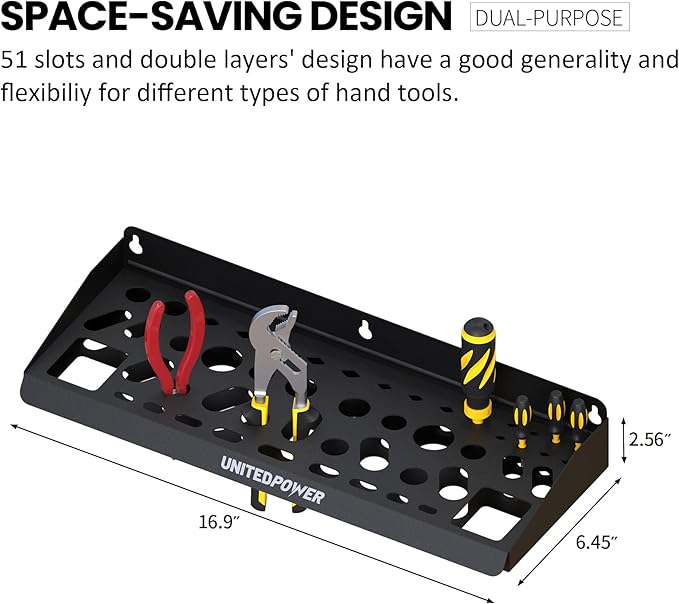 UNITEDPOWER Wall Mount Tool Storage Rack, Screwdriver Holder, Pliers Organizer, Wrench Utility Shelf, 51 Holes for Variety of