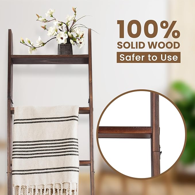Blanket Ladder, 5-Tier Wooden Quilt Stand, Decorative Ladder Shelf, Leaning Shelf, Wall Leaning Blanket Ladder Towel Storage 