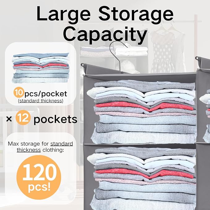 ALLTIDYUP Space-Saving Hanging Closet Storage Organizer – Dual-Row Foldable Shelves with 3 Hooks, 6-Tier Wardrobe Organizer f