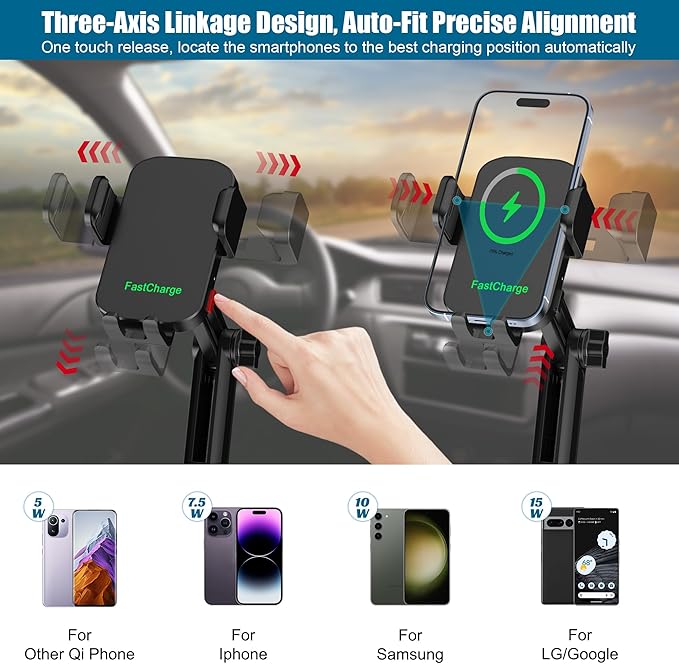 Wireless Car Charger Phone Mount Cup Holder, 3 in 1 15W Fast Charging Auto Clamping Cup Holder Expander for Car, Phone Holder
