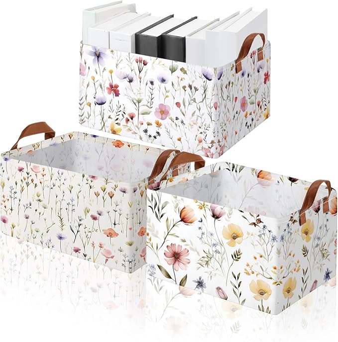 Boao 3 Pcs Wildflowers Storage Bin Wildflowers Collapsible Large Storage Baskets for Gifts Canvas Laundry Basket Foldable Box
